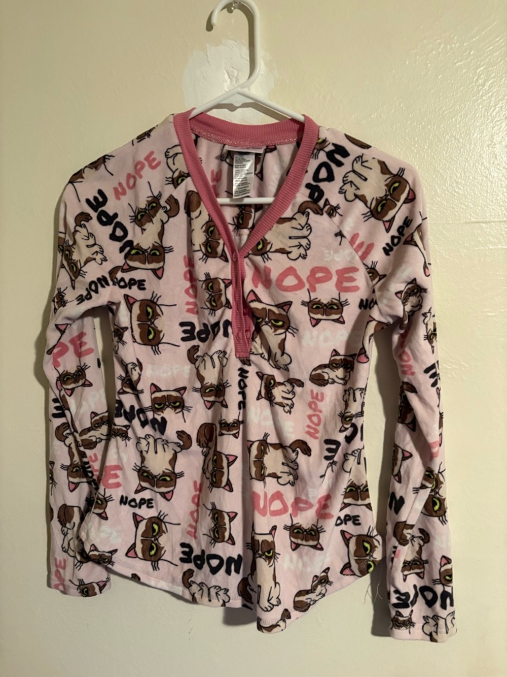 Grumpy Cat Pink Cat Print Henley Pajama Top
